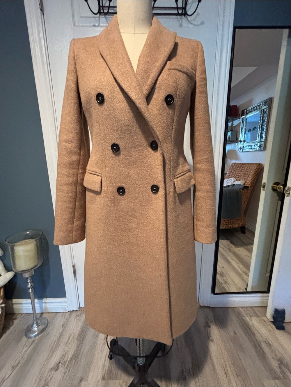 Zara Double-Breasted Camel Pea Coat